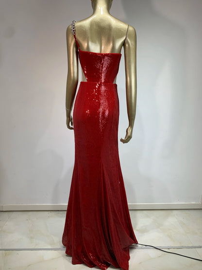 One Shoulder Sequin Maxi Dress Red HV1577