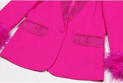 Long Sleeve Feather Crystal Blazer Hot Pink