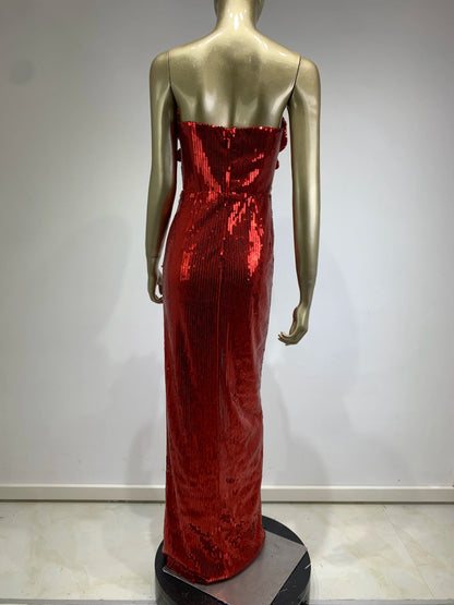 Strapless Flower Sequin Maxi Dress Red HV1007