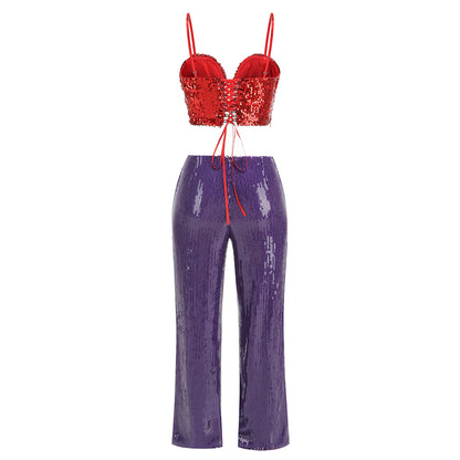 Floral Sequin Corset Two Piece Set Red Purple HV1564