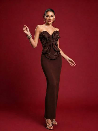 Strapless Pleated Detail Maxi Dress Brown HV3067