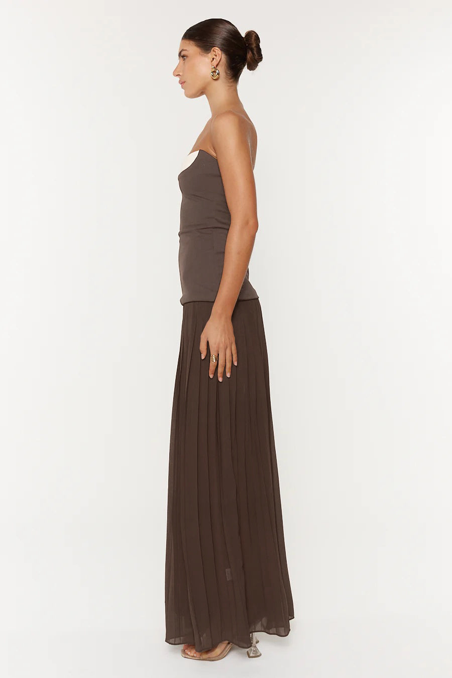 Strapless Pleated A Line Maxi Dress Brown HV2659