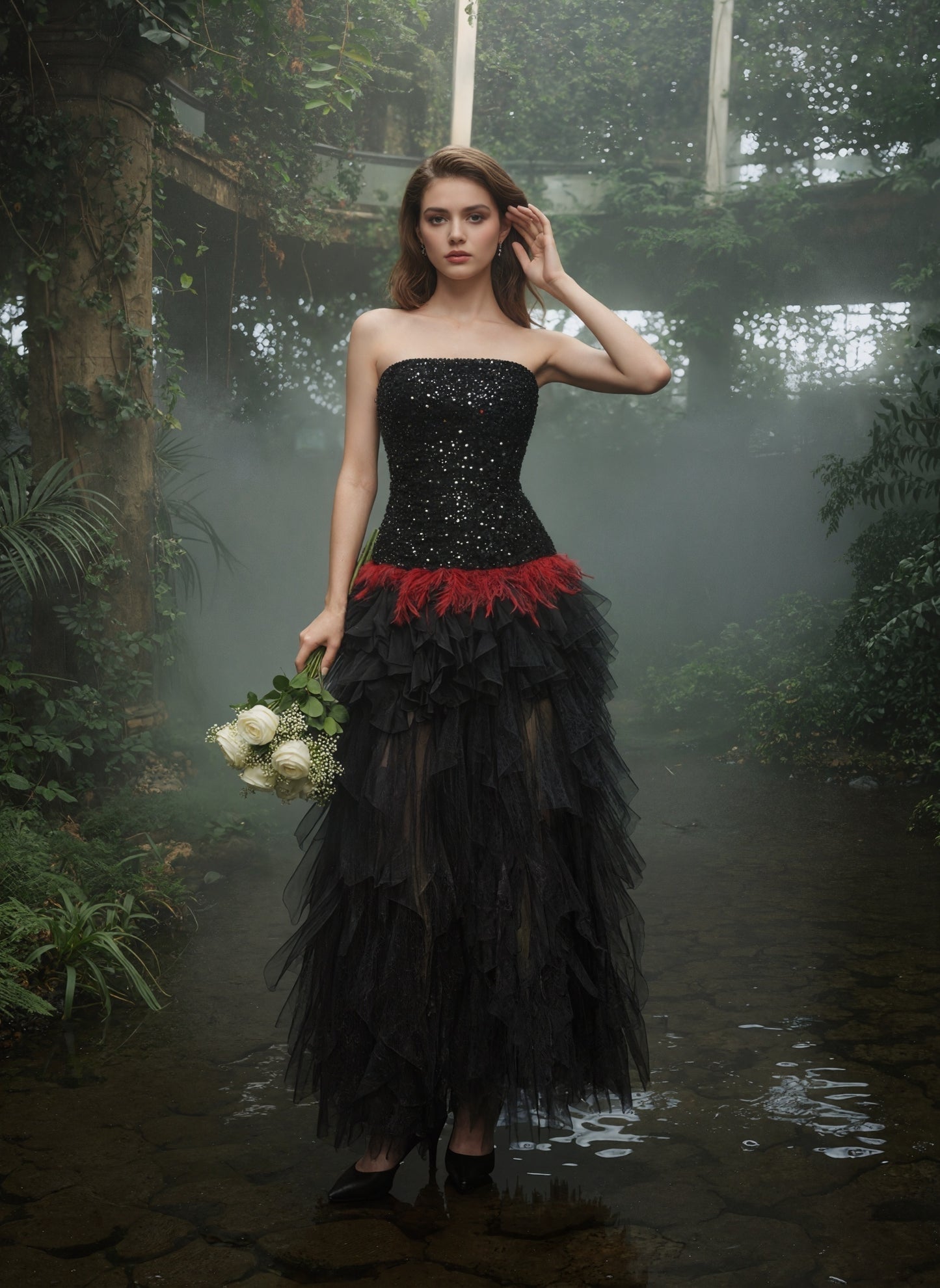 Strapless Sequin Ruffle Maxi Dress Black Red HV2760