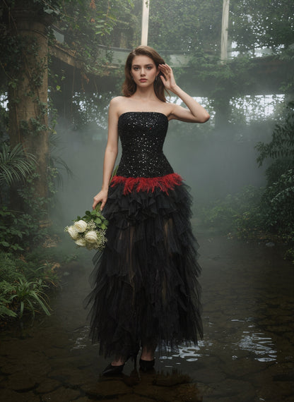 Strapless Sequin Ruffle Maxi Dress Black Red HV2760