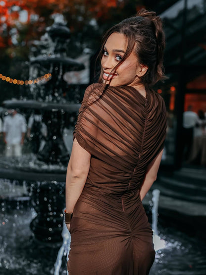 Draped Mesh Cut Out A Line Maxi Dress Brown HV2671