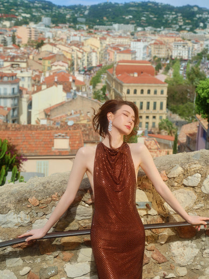 Draped Neckline Sparkly Maxi Dress Brown HV3105