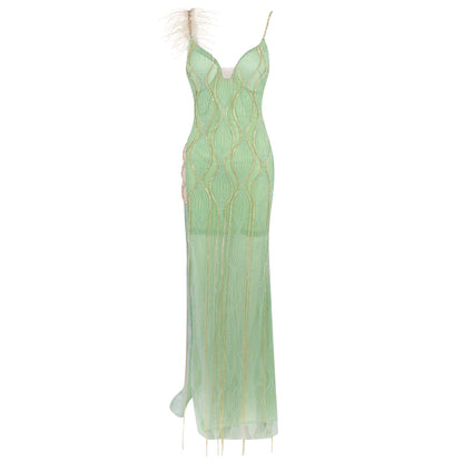 Feather Detail Maxi Dress Green Gold HV2228