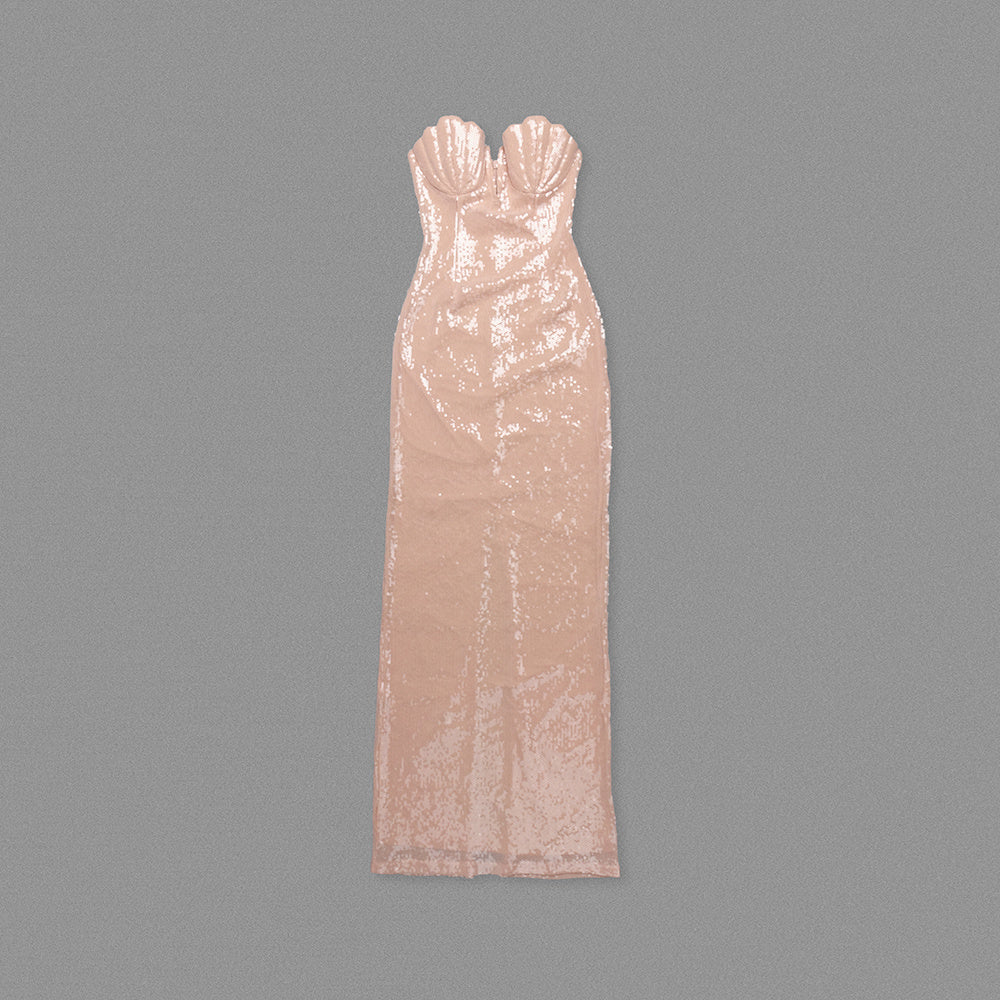 Strapless Shell Bustier Sequin Maxi Dress Coral Pink HV0053