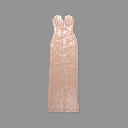 Strapless Shell Bustier Sequin Maxi Dress Coral Pink HV0053