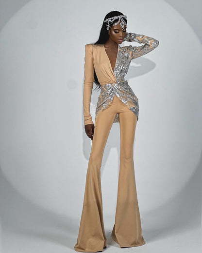 Long Sleeve Sequin Jumpsuit Sand Silver HV2059