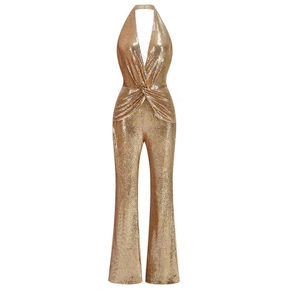 Halter Draped Sequin Jumpsuit Gold HV1099