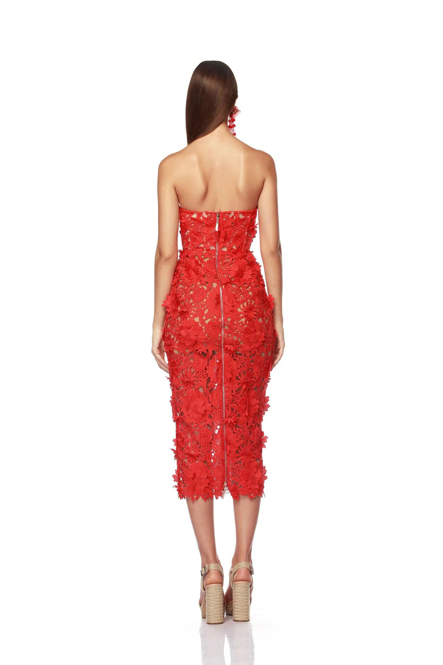 Strapless Bustier Floral Crochet Midi Dress Red HV1270