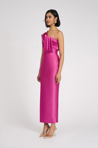 One Shoulder Draped Midi Dress Hot Pink HV3004