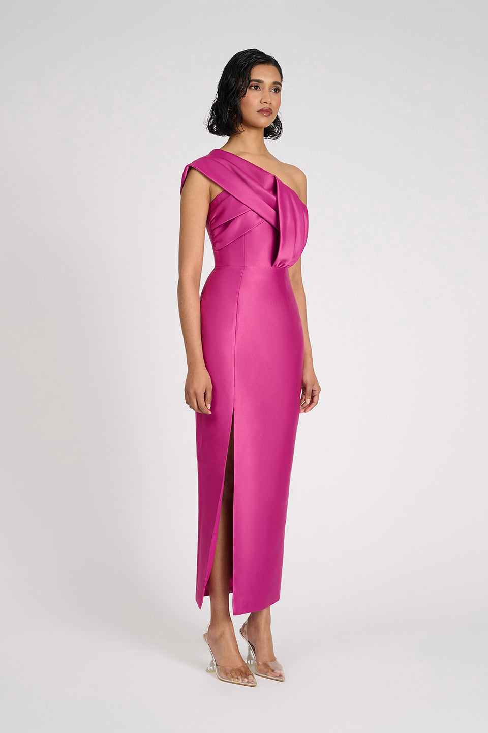 One Shoulder Draped Midi Dress Hot Pink HV3004