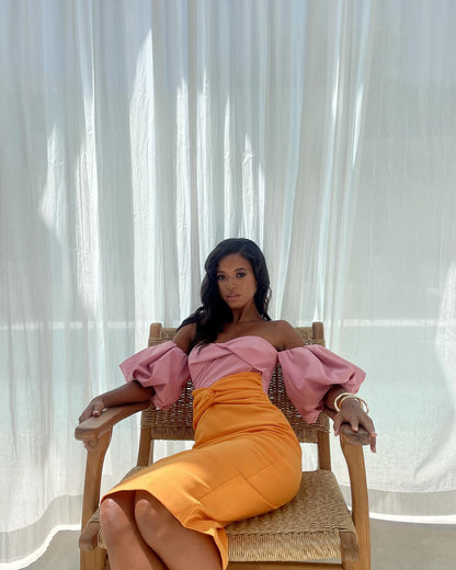 Puff Sleeve Bardot Midi Dress Pink Orange HV0002