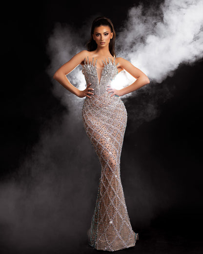 Strapless Crystal Sequin Bustier Maxi Dress Nude HV2145