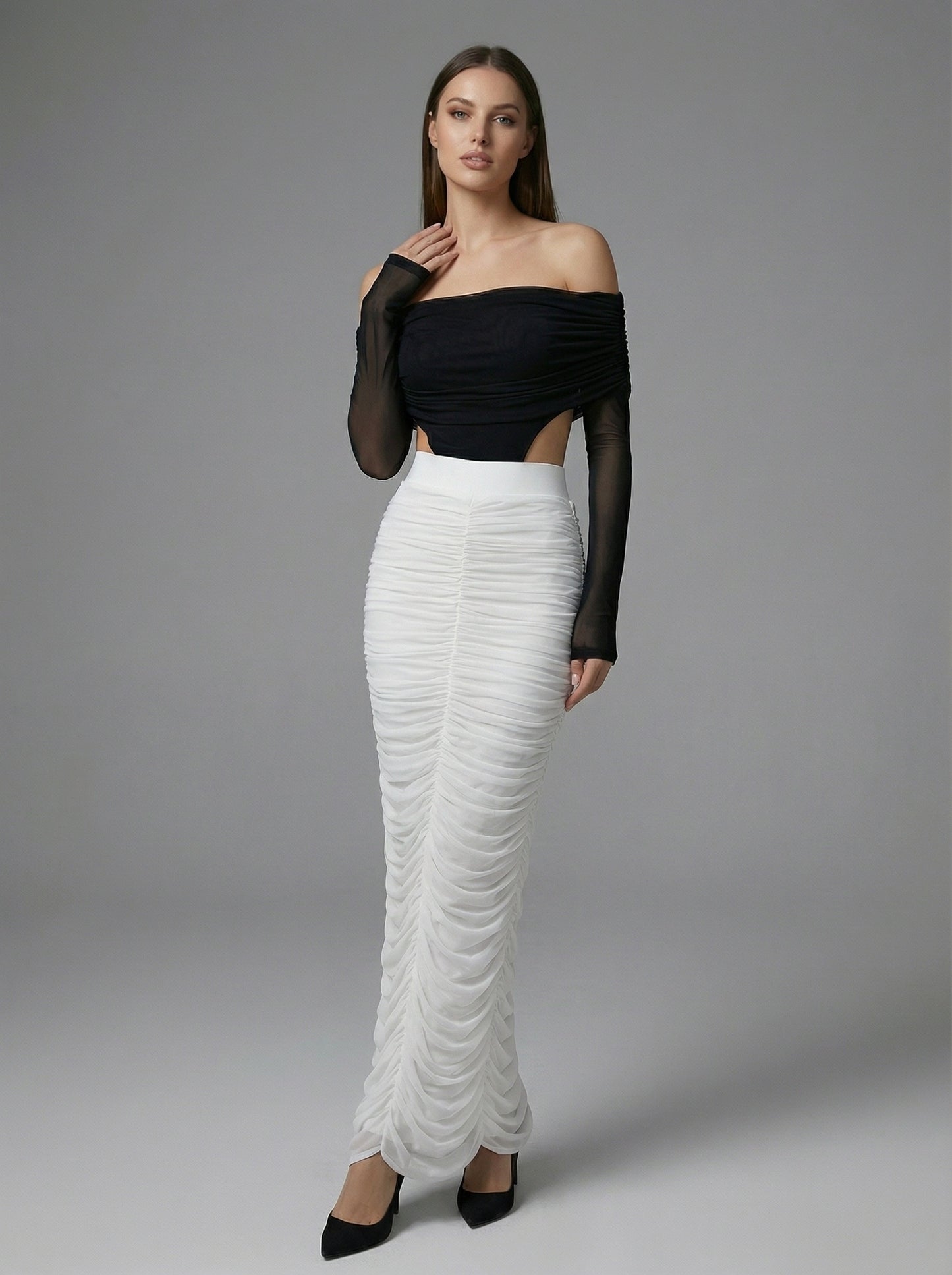 Long Sleeve Draped Bardot Maxi Dress Black White HV2779