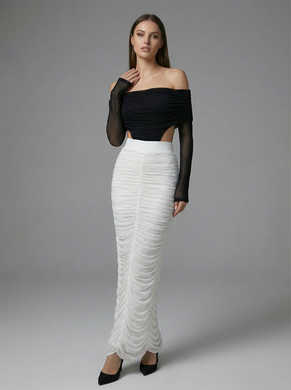 Long Sleeve Draped Bardot Maxi Dress Black White HV2779