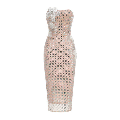 Strapless Floral Detail Embellished Midi Dress Nude HV3139