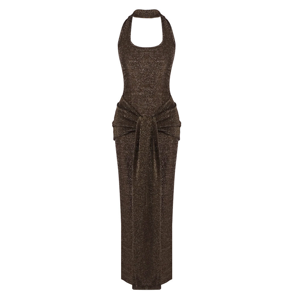 Halter Sparkly Maxi Dress Brown HV0009