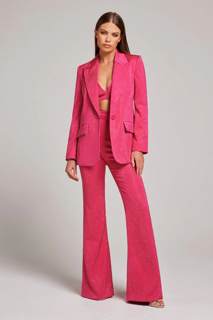 Sparkly Long Sleeve Three Piece Suit Hot Pink  HV9601