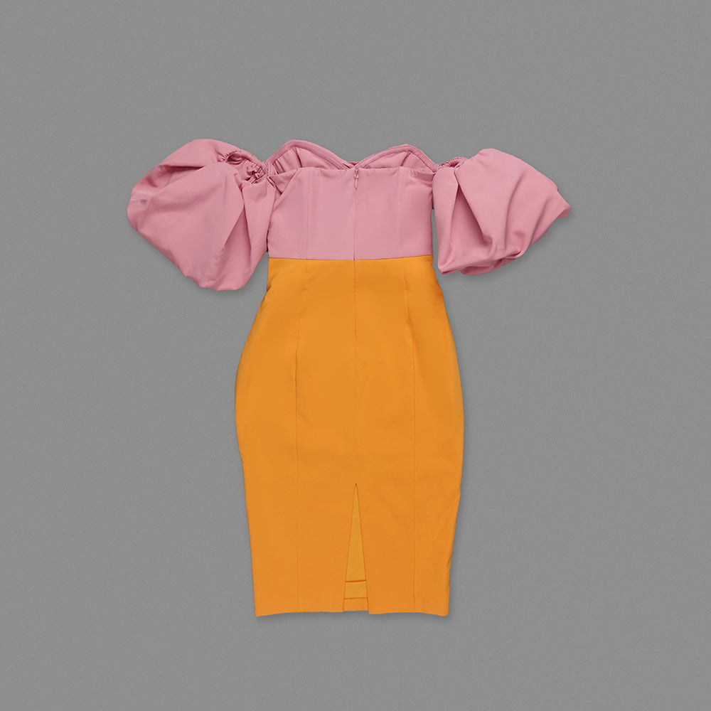 Puff Sleeve Bardot Midi Dress Pink Orange HV0002
