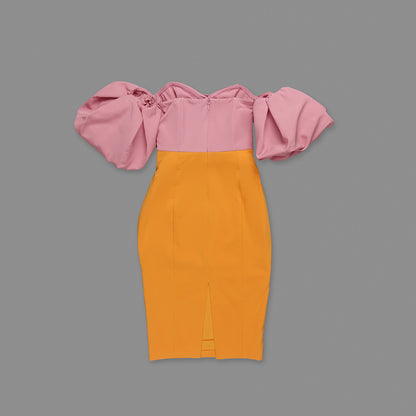 Puff Sleeve Bardot Midi Dress Pink Orange HV0002