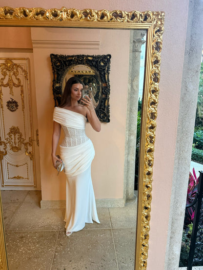 Draped One Shoulder Sequin Corset Maxi Dress HV3208