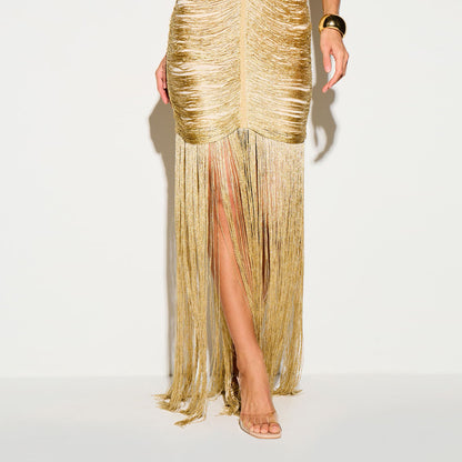 Halter Tassel Detail Maxi Dress Gold HV3109