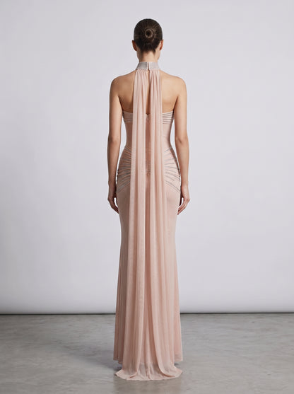 Strapless Crystal Draped Maxi Dress Nude HV3176