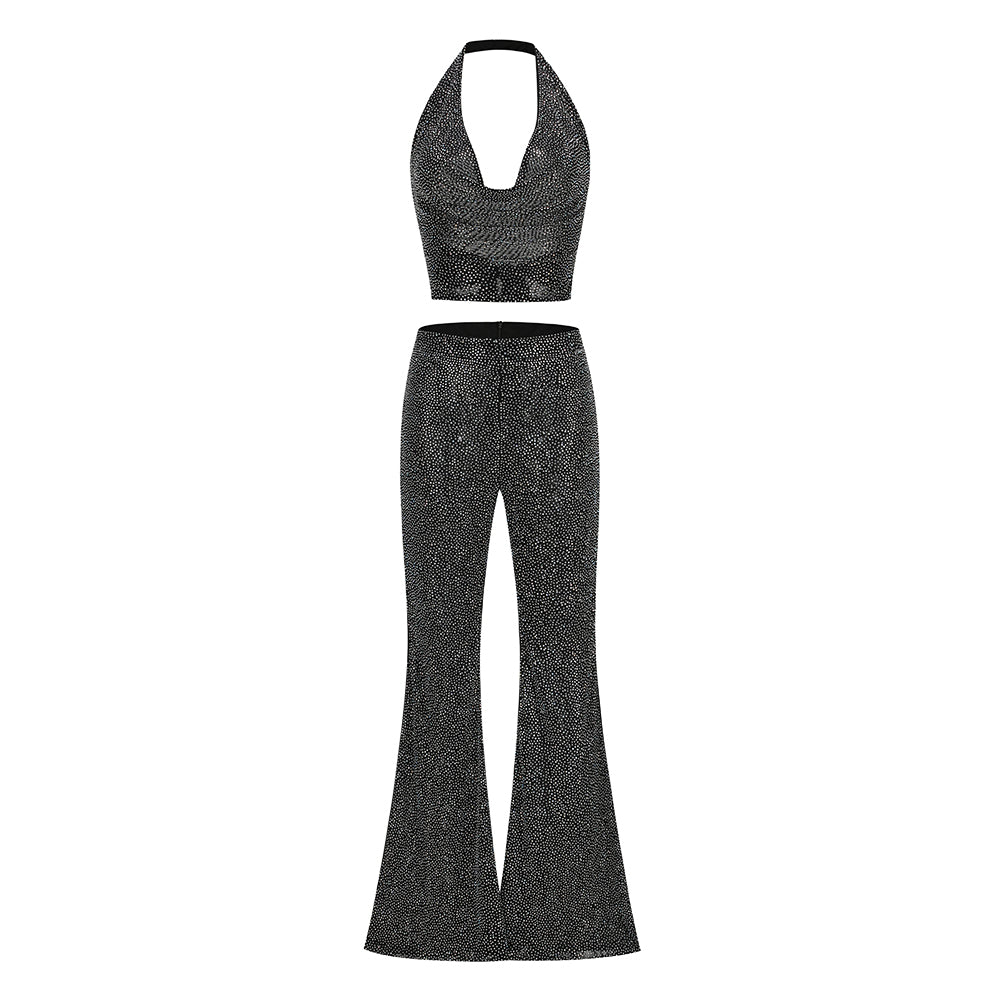 Halter Sparkly Two Piece Jumpsuit Silver HV3203