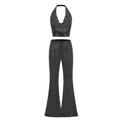 Halter Sparkly Two Piece Jumpsuit Silver HV3203