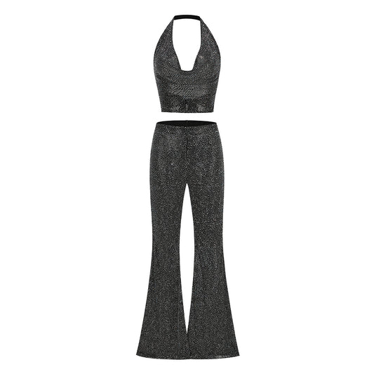 Halter Sparkly Two Piece Jumpsuit Silver HV3203
