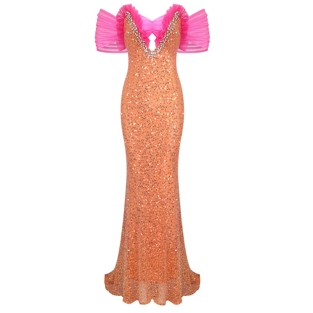 Bardot Sequin Maxi Dress Orange Hot Pink HV1497