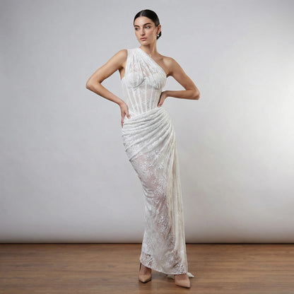 One Shoulder Draped Lace HV2677