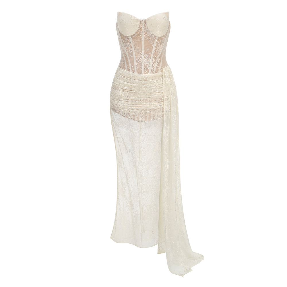 Strapless Draped Lace Bustier Maxi Dress Ivory HV3230