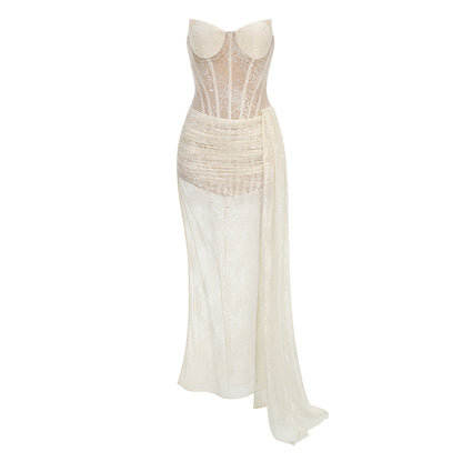 Strapless Draped Lace Bustier Maxi Dress Ivory HV3230