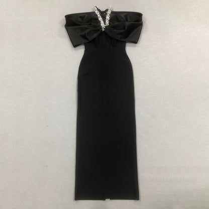 Halter Crystal Draped Bardot Maxi Dress