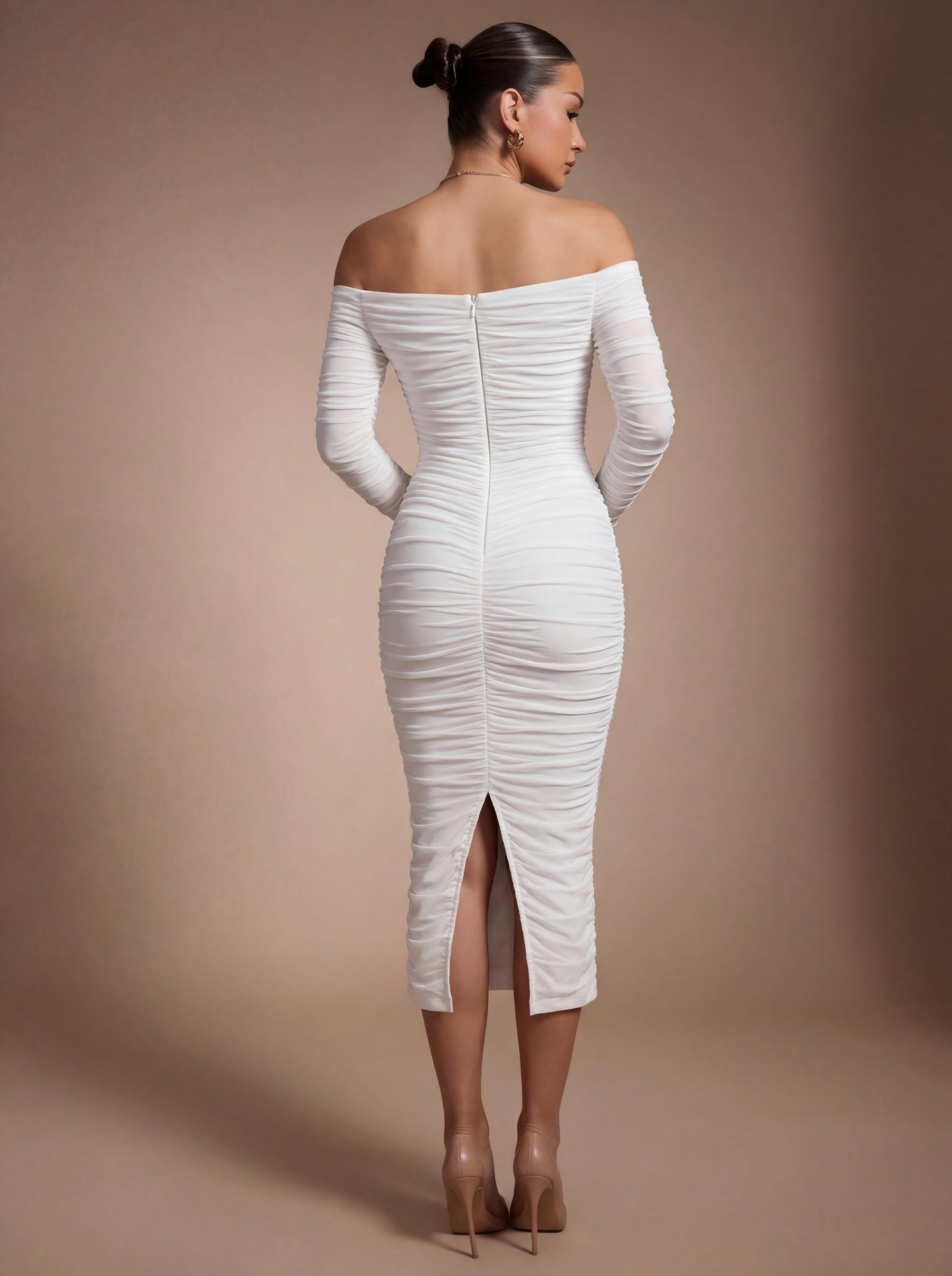 Long Sleeve Bardot Draped Midi Dress White HV3068