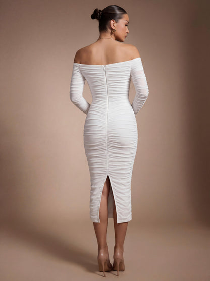 Long Sleeve Bardot Draped Midi Dress White HV3068