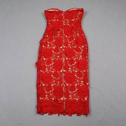 Strapless Bustier Floral Crochet Midi Dress Red HV1270