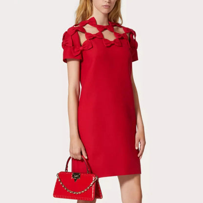 Short Sleeve Bow Detail A Line Dress Red  HV1361