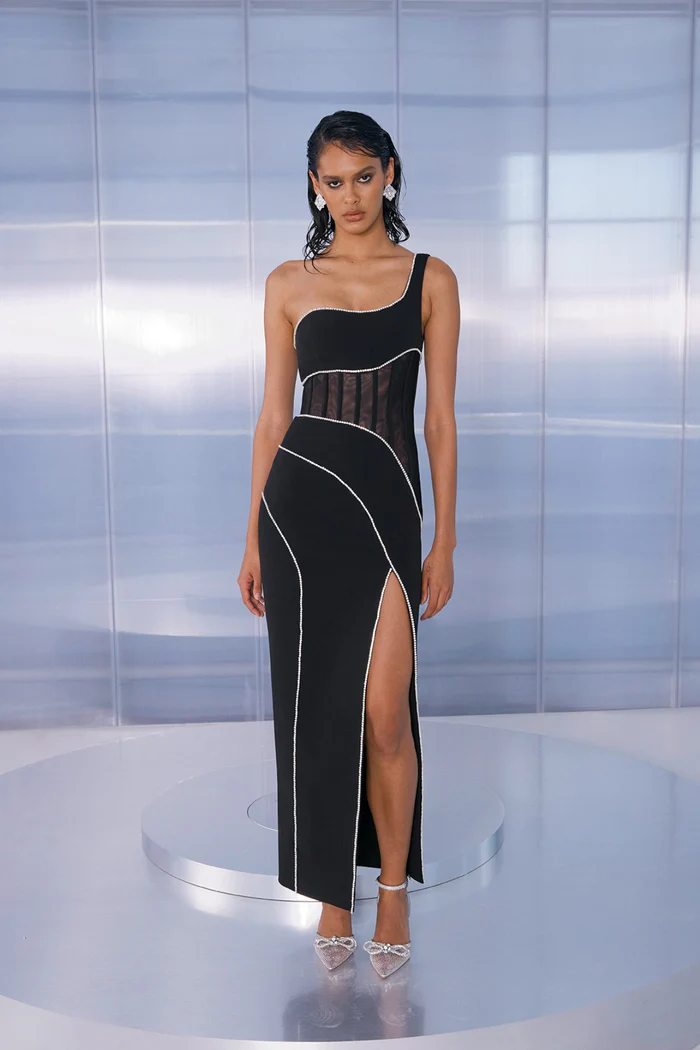 One Shoulder Structured Mesh Maxi Dress Black