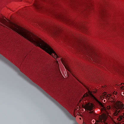 Mesh Sequin Cut Out Maxi Dress Red HV2834