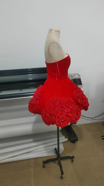 Strapless Floral A Line Velvet Dress Red