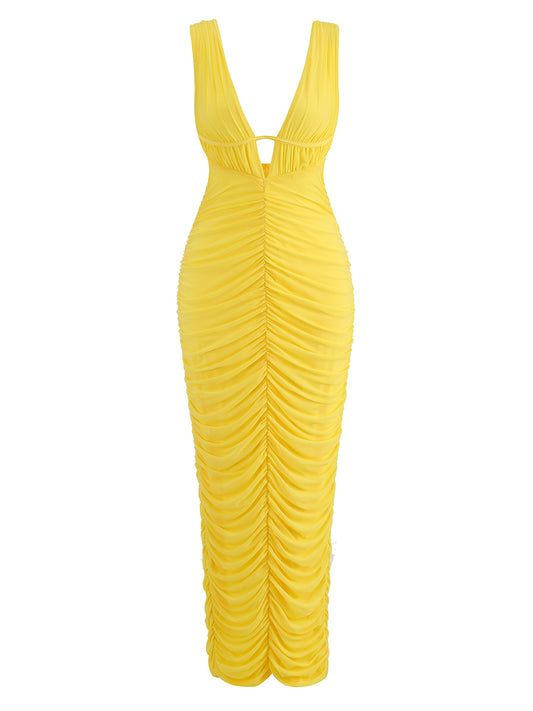 Plunge V Neck Ruched Maxi Dress Yellow HV9828