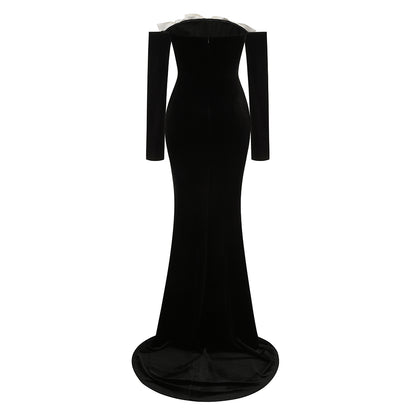 Long Sleeve Bow Bardot Maxi Velvet Dress Black HV1625