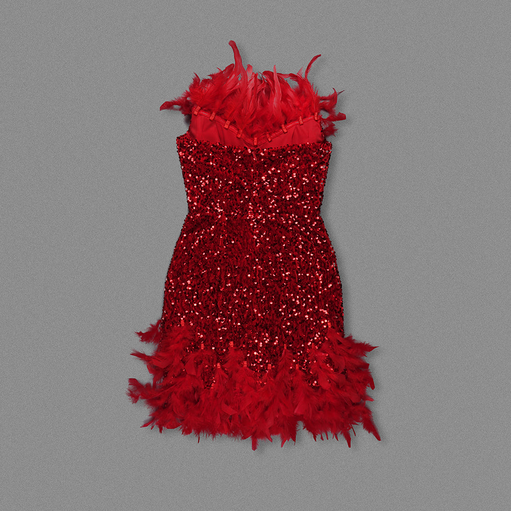 Strapless Feather Crystal Sequin Dress Red HV1296