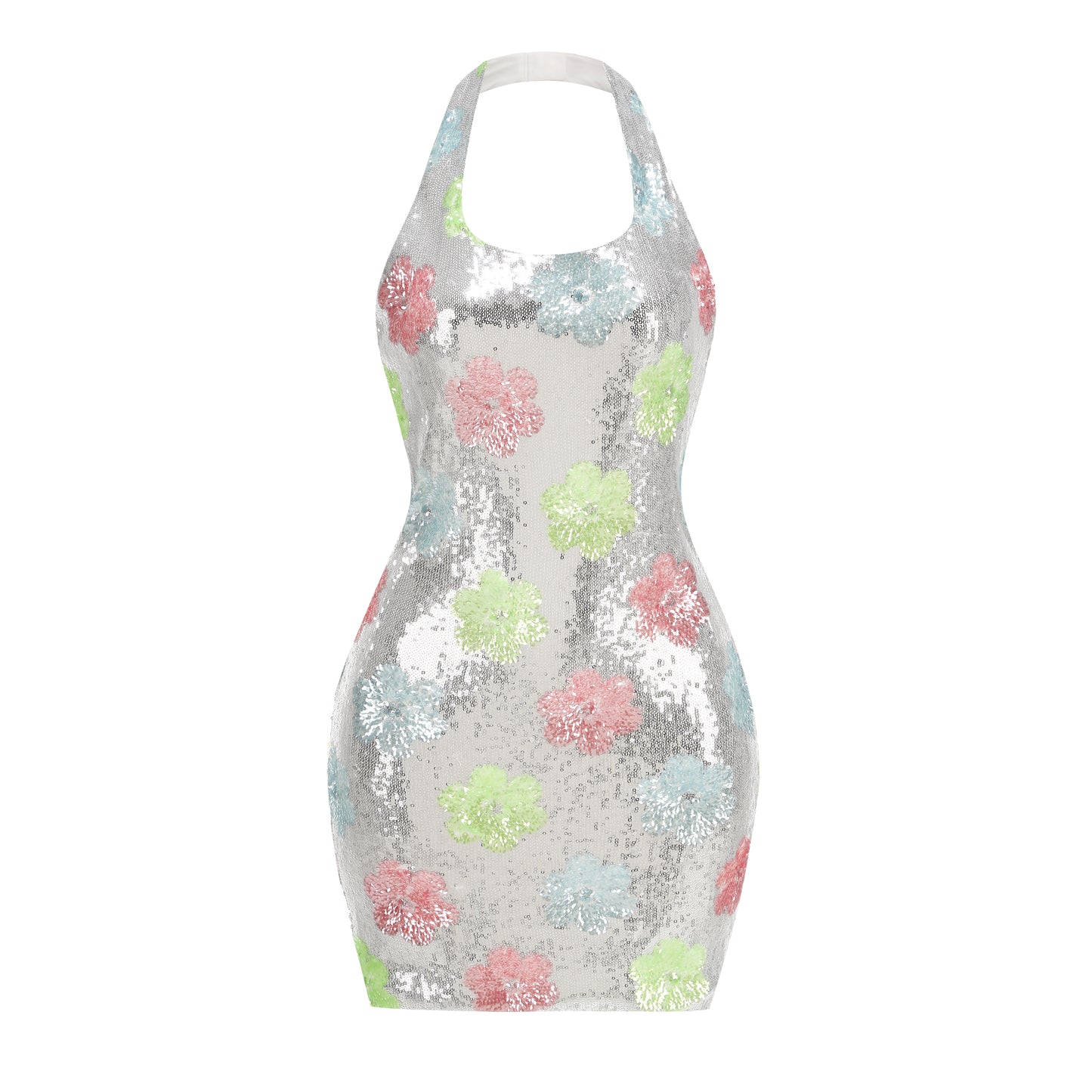 Halter Floral Sequin Dress Silver HV2338