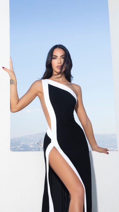One Shoulder Maxi Dress Black White HV2379